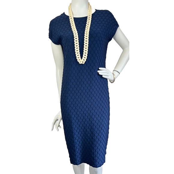 Pink Tartan Honeycomb Knit Dress RoundNeck Cap Sleeve Back Zip Navy Size Large - Picture 1 of 11